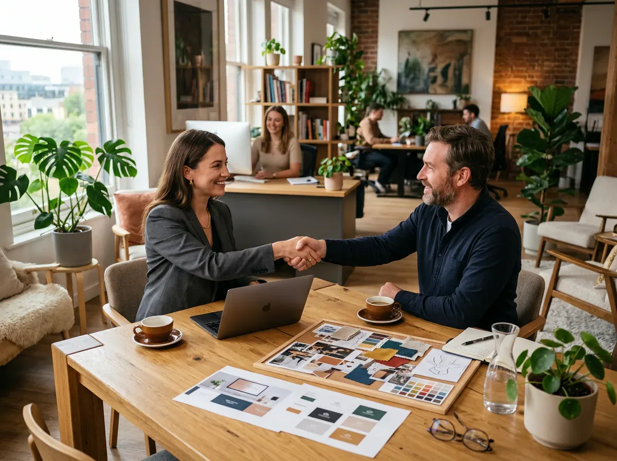 Client and agency strategist shaking hands over a project proposal