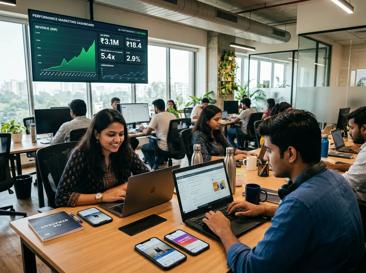 Marketing team reviewing a performance ads dashboard with revenue growth