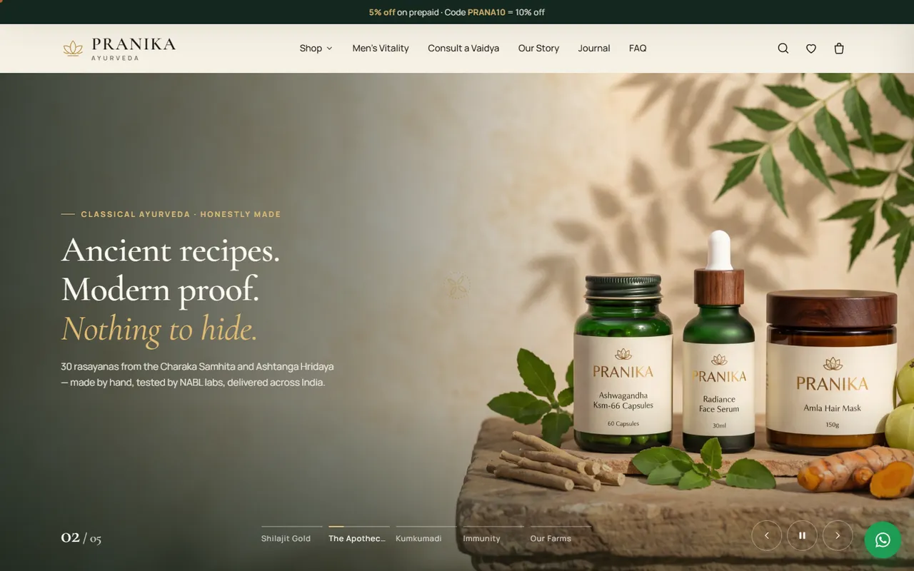 Pranika Ayurveda website homepage